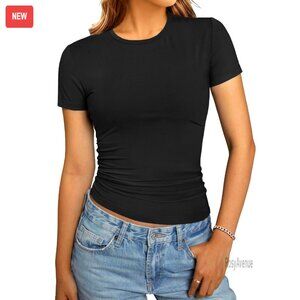 Slim Fit Crop Top Short Sleeve Crew Neck Tee Rayon Spandex Summer